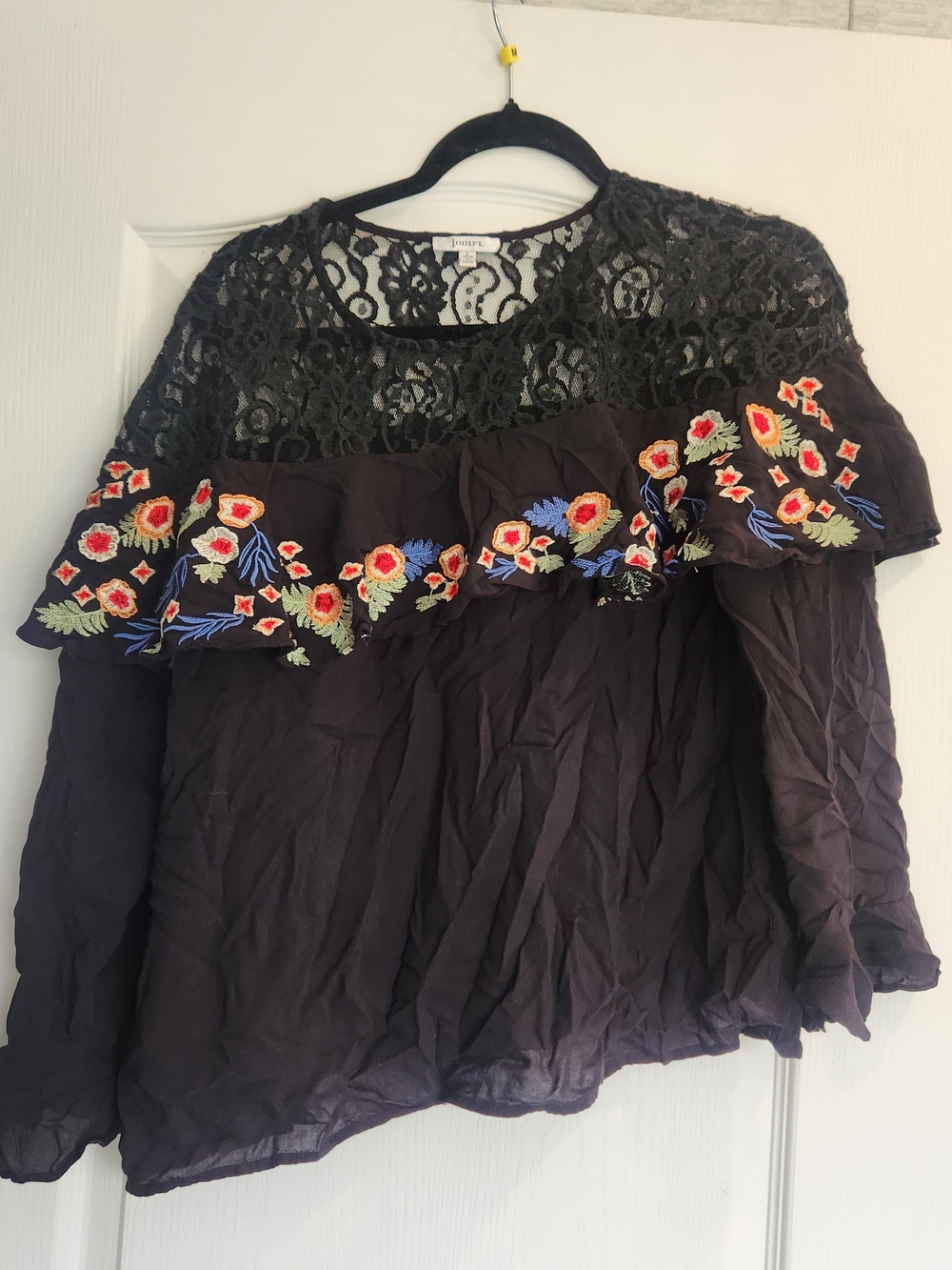 JODIFL Black Lace Floral Embroidered Off-Shoulder Blouse L EUC